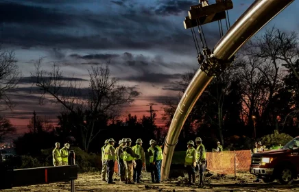 Many crew members stand around a pipe entering the ground