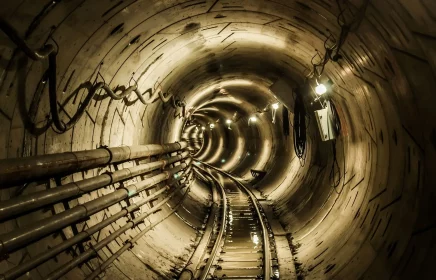 Sewer pipes running along a lighted underground tunnel