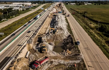 Excavators and dump trucks work to remove crushed aggregates from between two busy highways