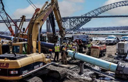 A Michels crew operates on a large diameter pipeline near a river.