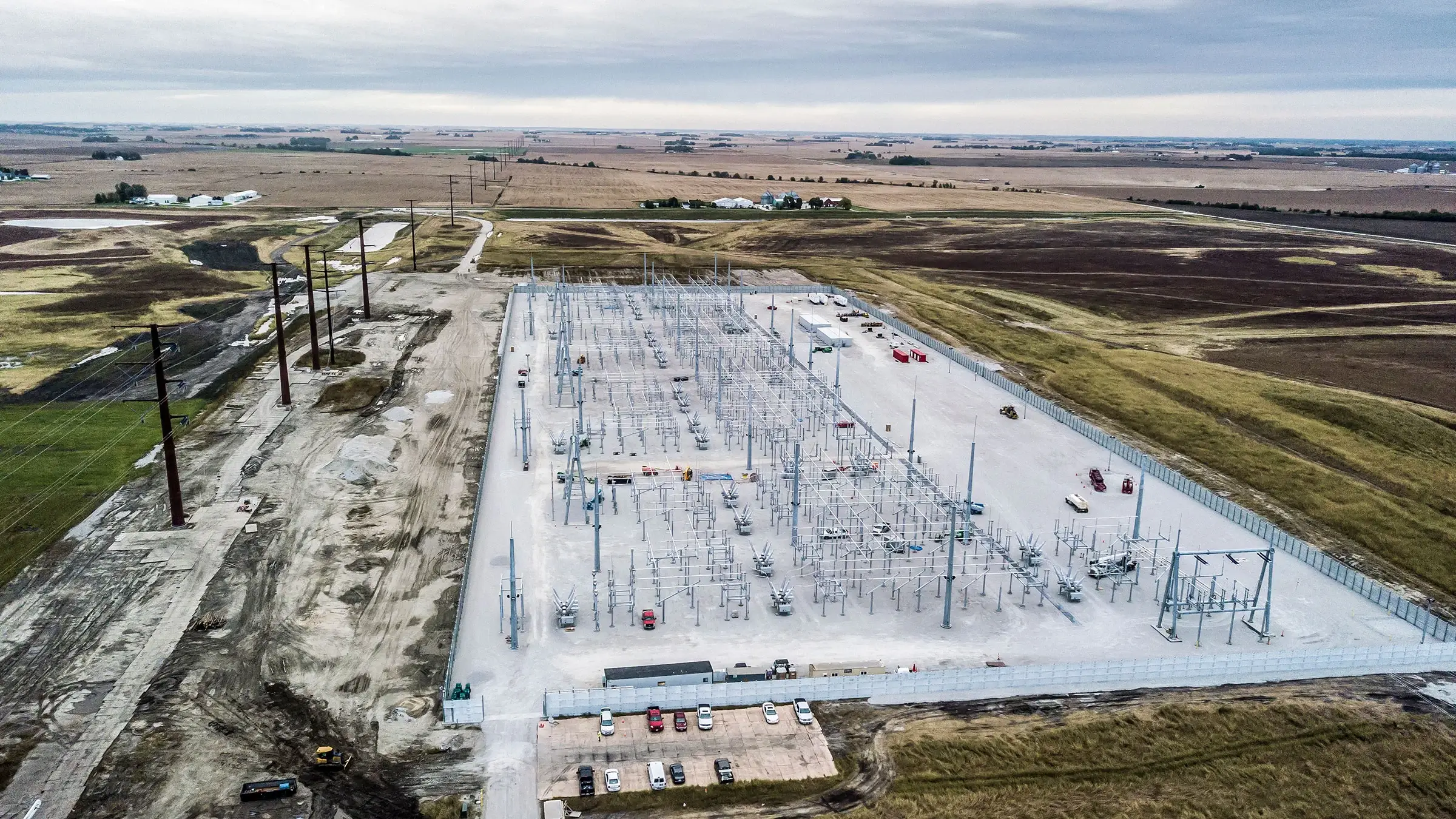 The large power Racoon Trail substation in a rural area