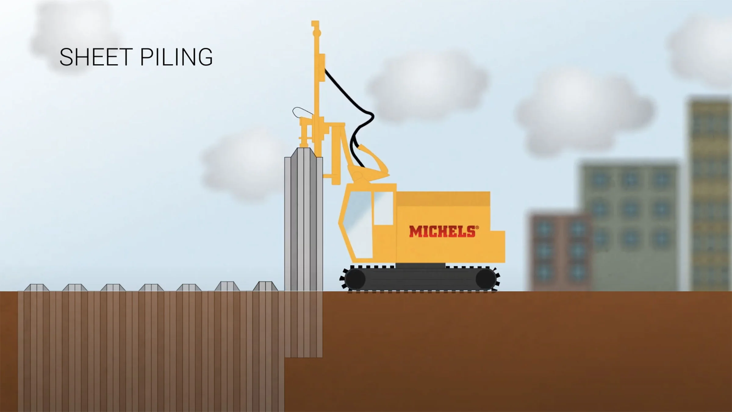 An animated machine performs sheet piling.