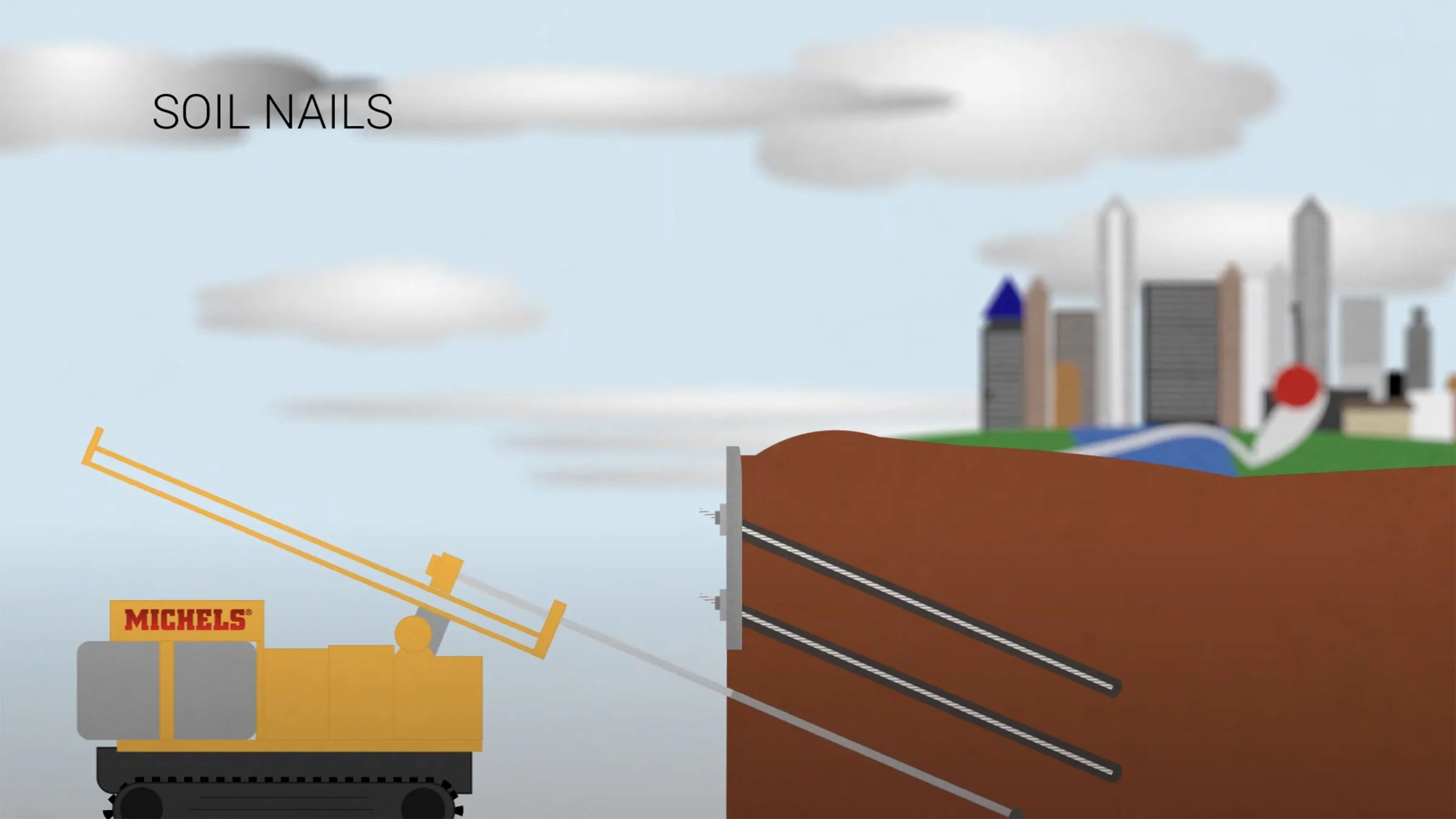 An animated preview of a machine performing soil nail operations.