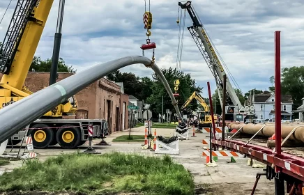 Several cranes assist in guiding pipeline into ground near residential homes