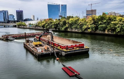 An excavator operates on a barge near several boats
