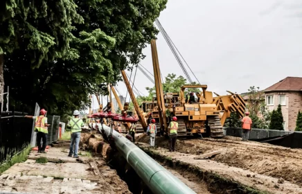 Several pipelayers lower a pipeline in a trench.