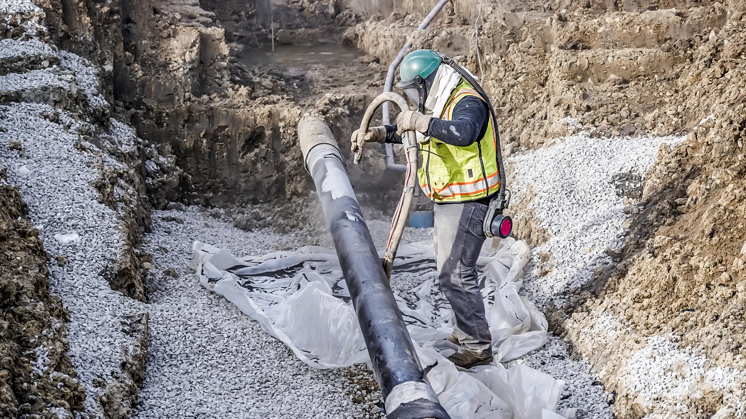 A pipeline joint is sandblasted before it is painted