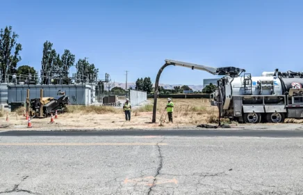 Several crew members and a truck stand near a road.