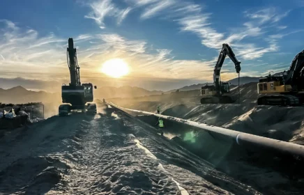 Several excavators operate near a pipeline at sunrise