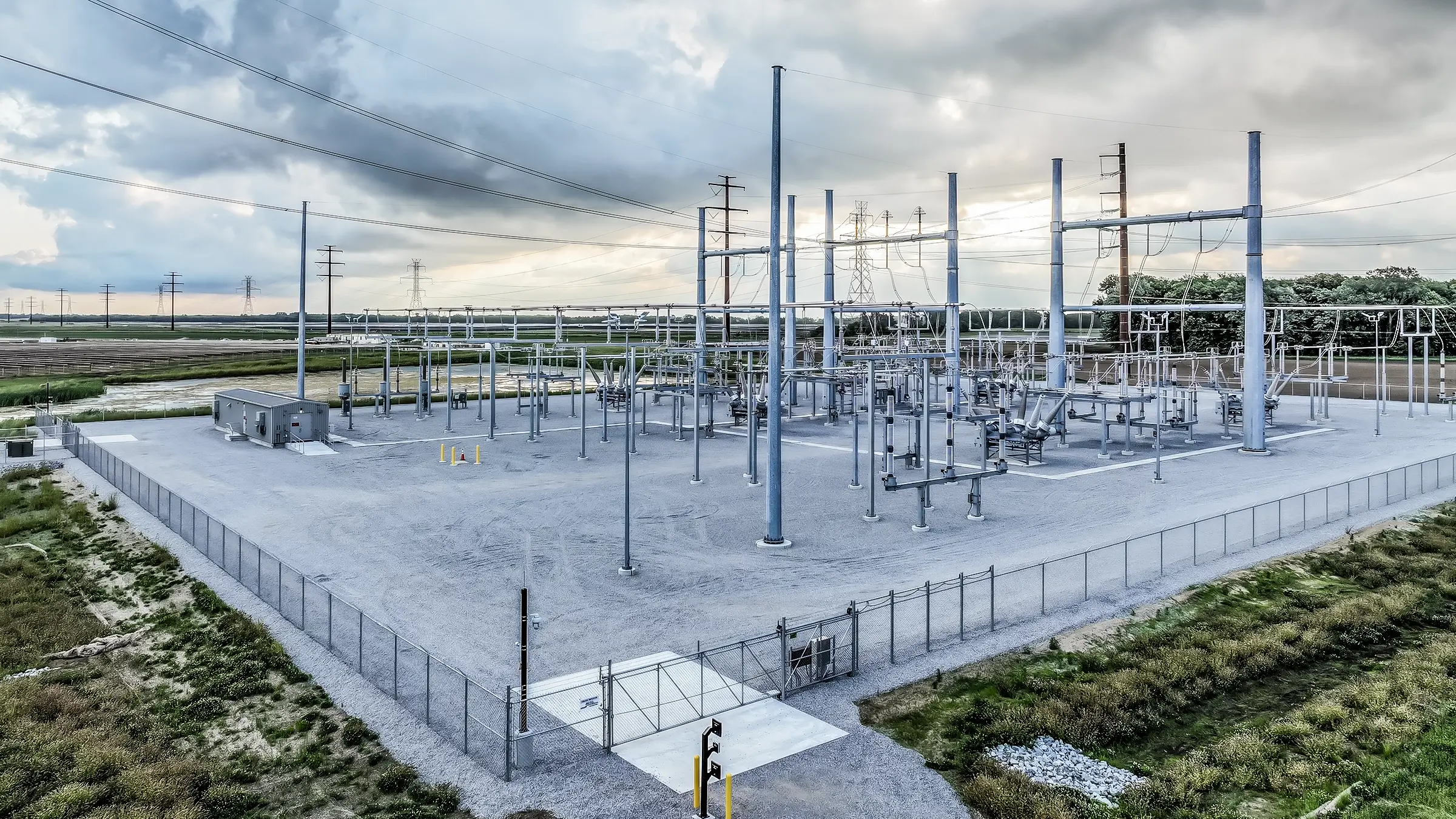 A switchyard in Indiana on a cloudy day.